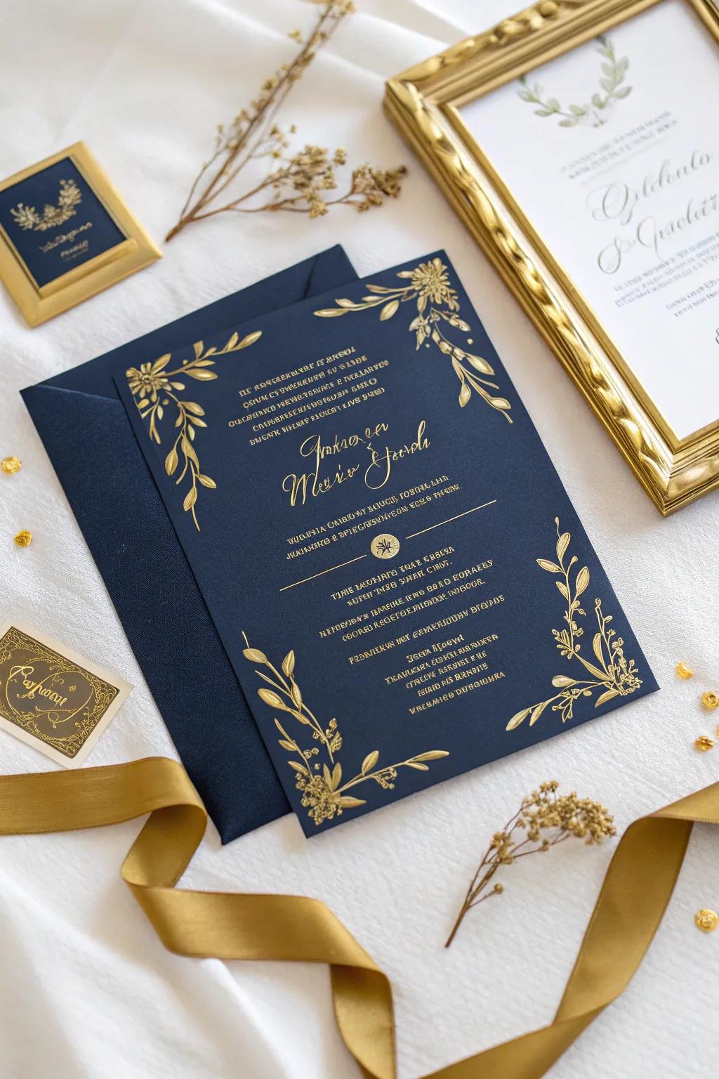 Luxurious wedding invitation with gleaming gilded leaf accents.