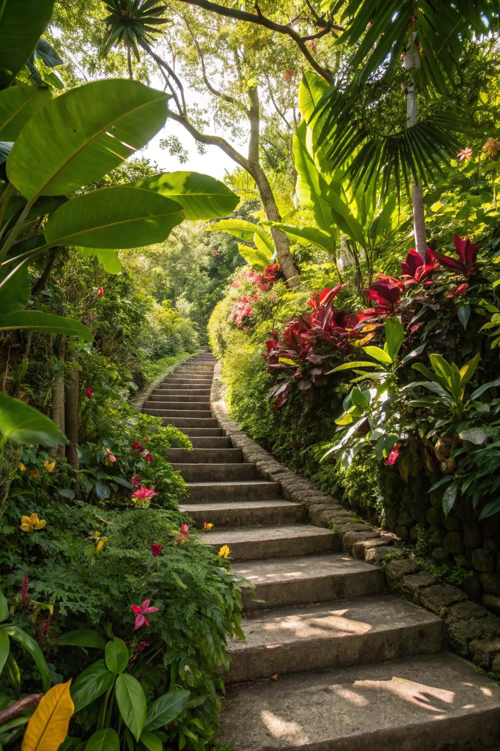 Exotic foliage crafts an unusual, lush atmosphere on this stairway.