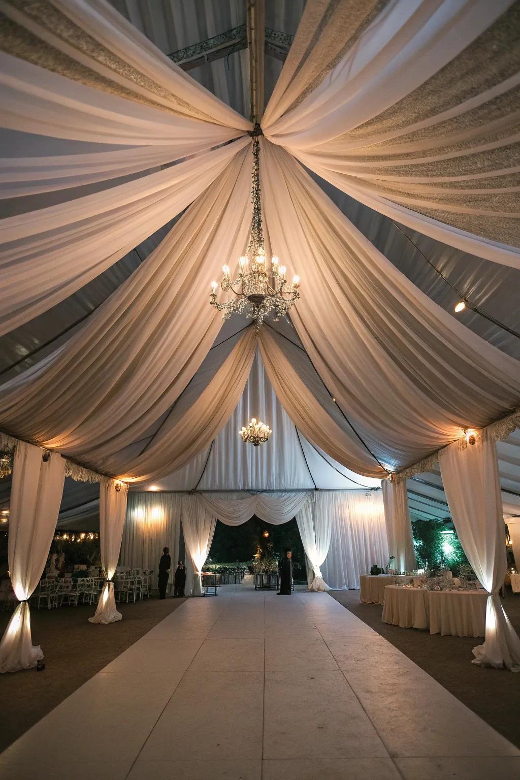 Overhead canopy effects create a sense of grandeur in the tent.