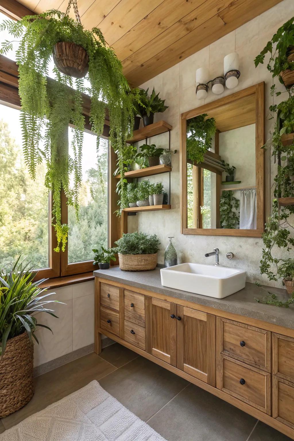 Foliage introduces an animated nuance to this Western-themed bathroom.