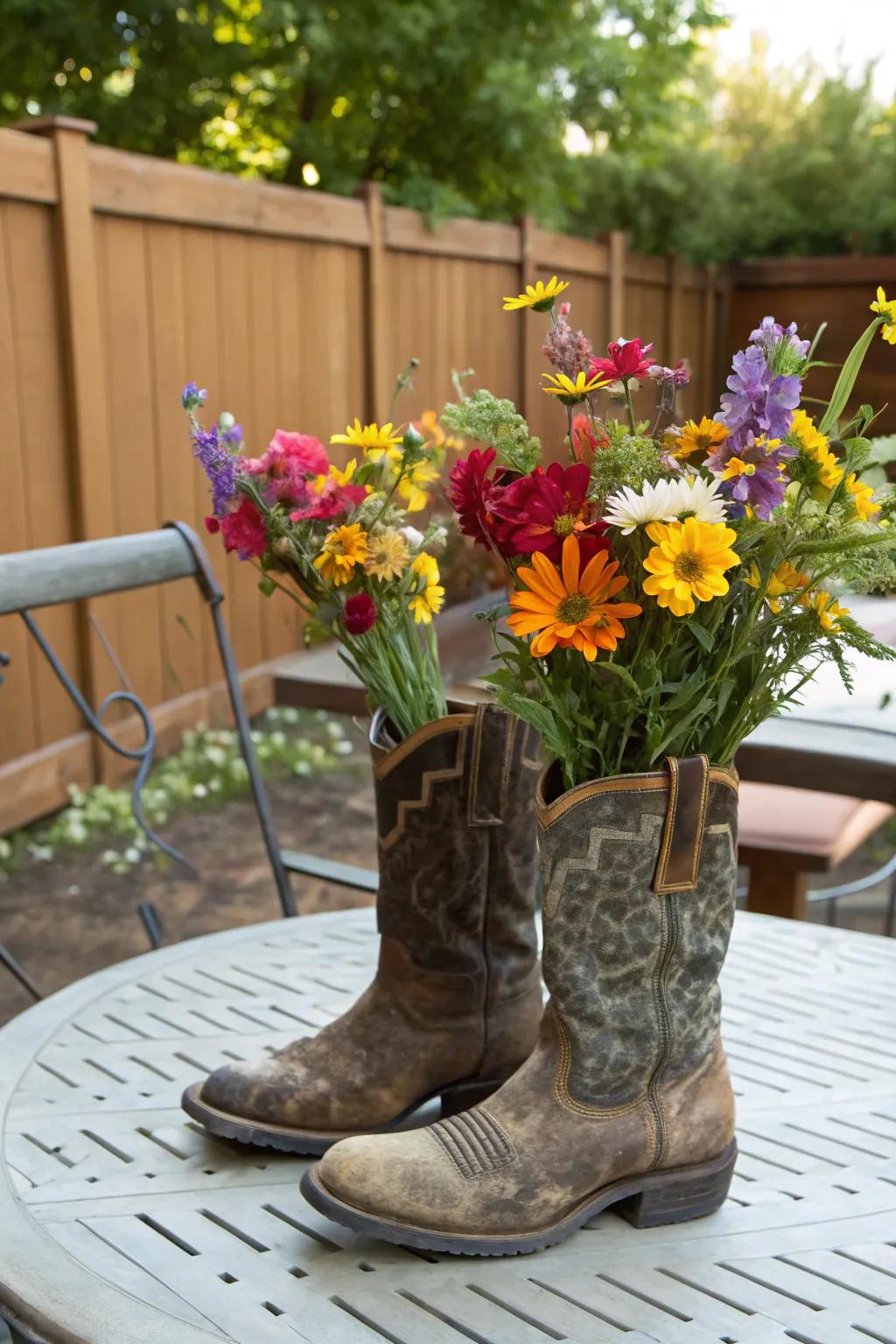 Footwear employed as vases inserts quirky charm into your decor.
