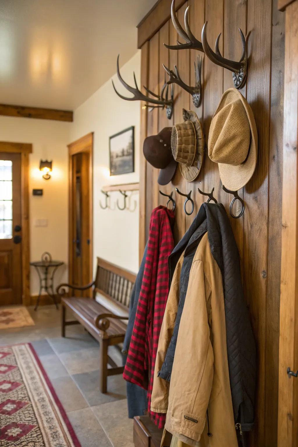 Antler wall pegs enhancing allure and functionality.