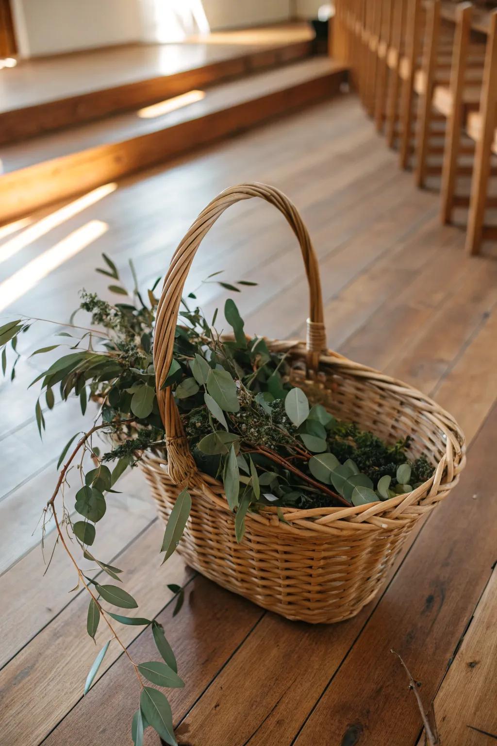 A container filled with branches and foliage injects rustic charm into whichever location.
