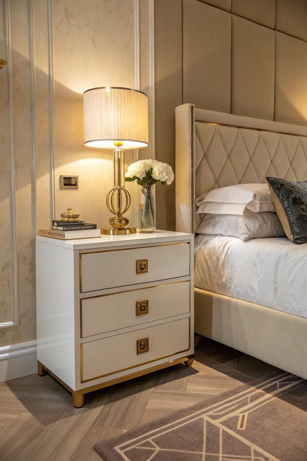 The design is seamlessly continued with gold-trimmed nightstands.