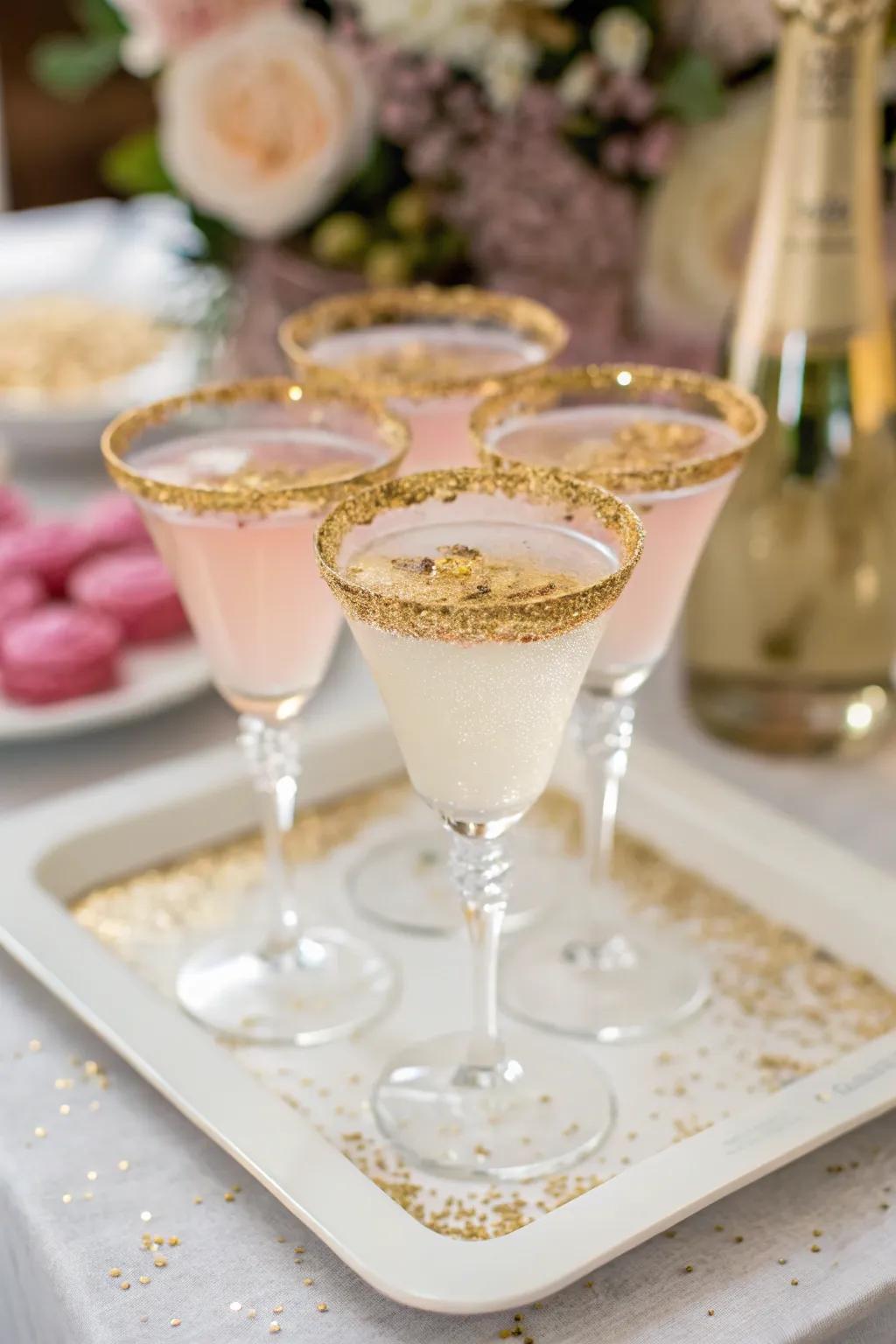 Sparkling drinks featuring edible gilded touches.