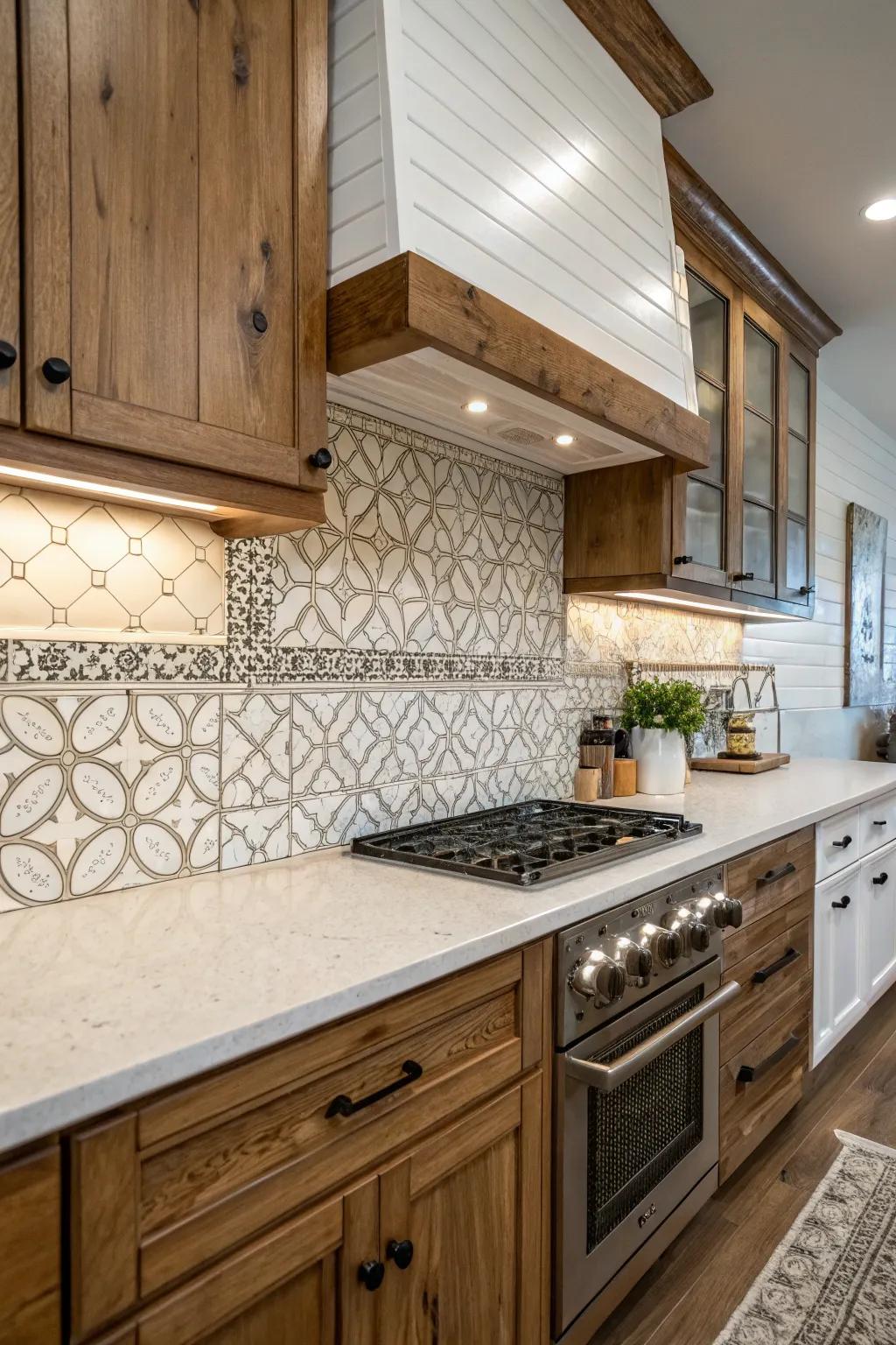A tailored backsplash with varied elements.