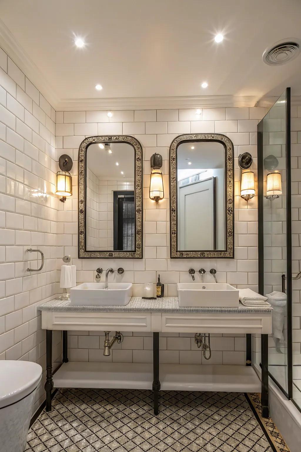 Decorative elements elevate the elegance of white tiles.