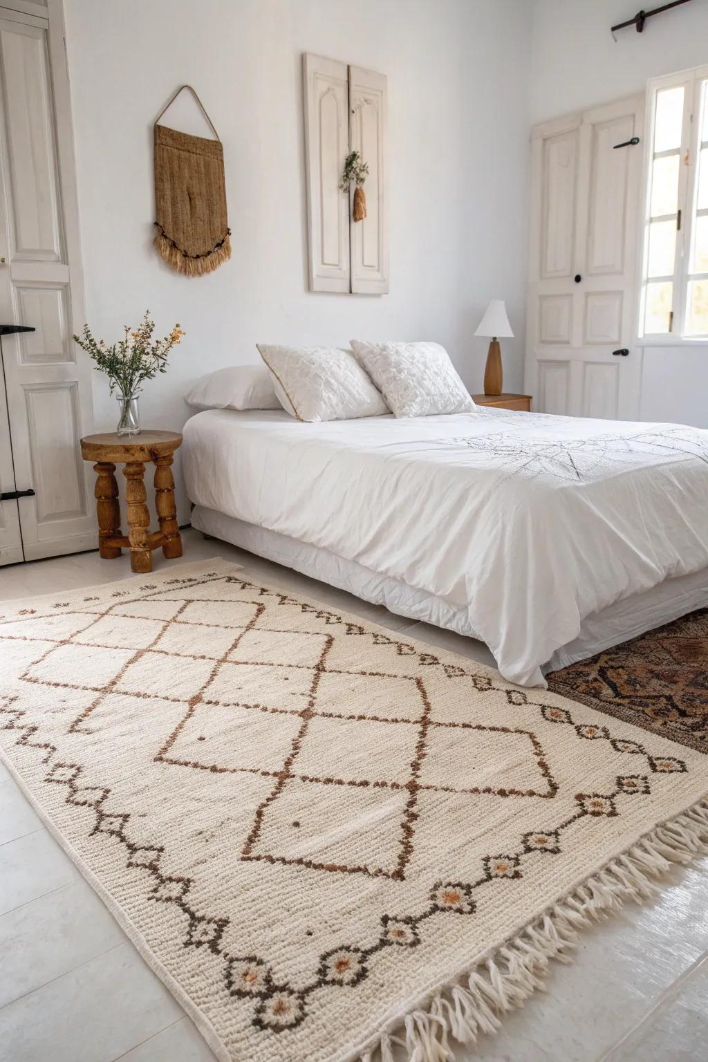 A remarkable rug contributes pigmentation and character to a white bedroom.