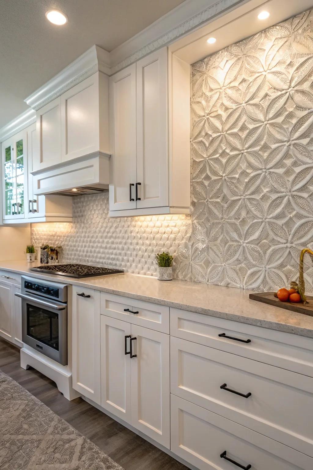 Depth enhancing wall panels fashioning a captivating point of interest amongst bright cabinets.