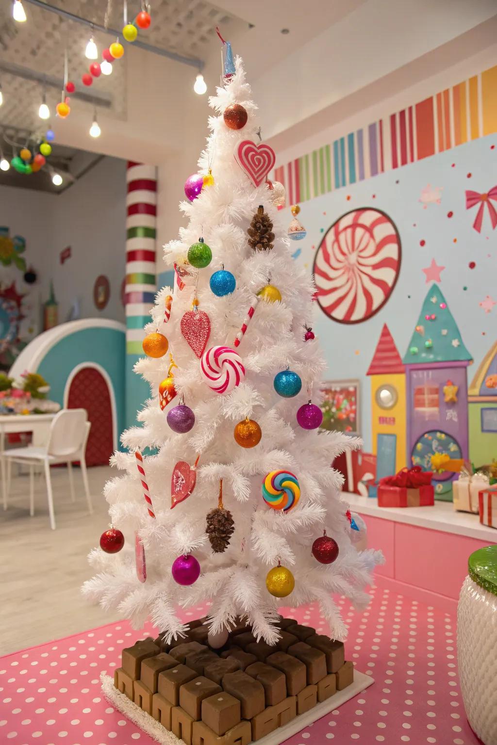 Fanciful confectionery motif on a white Christmas tree.