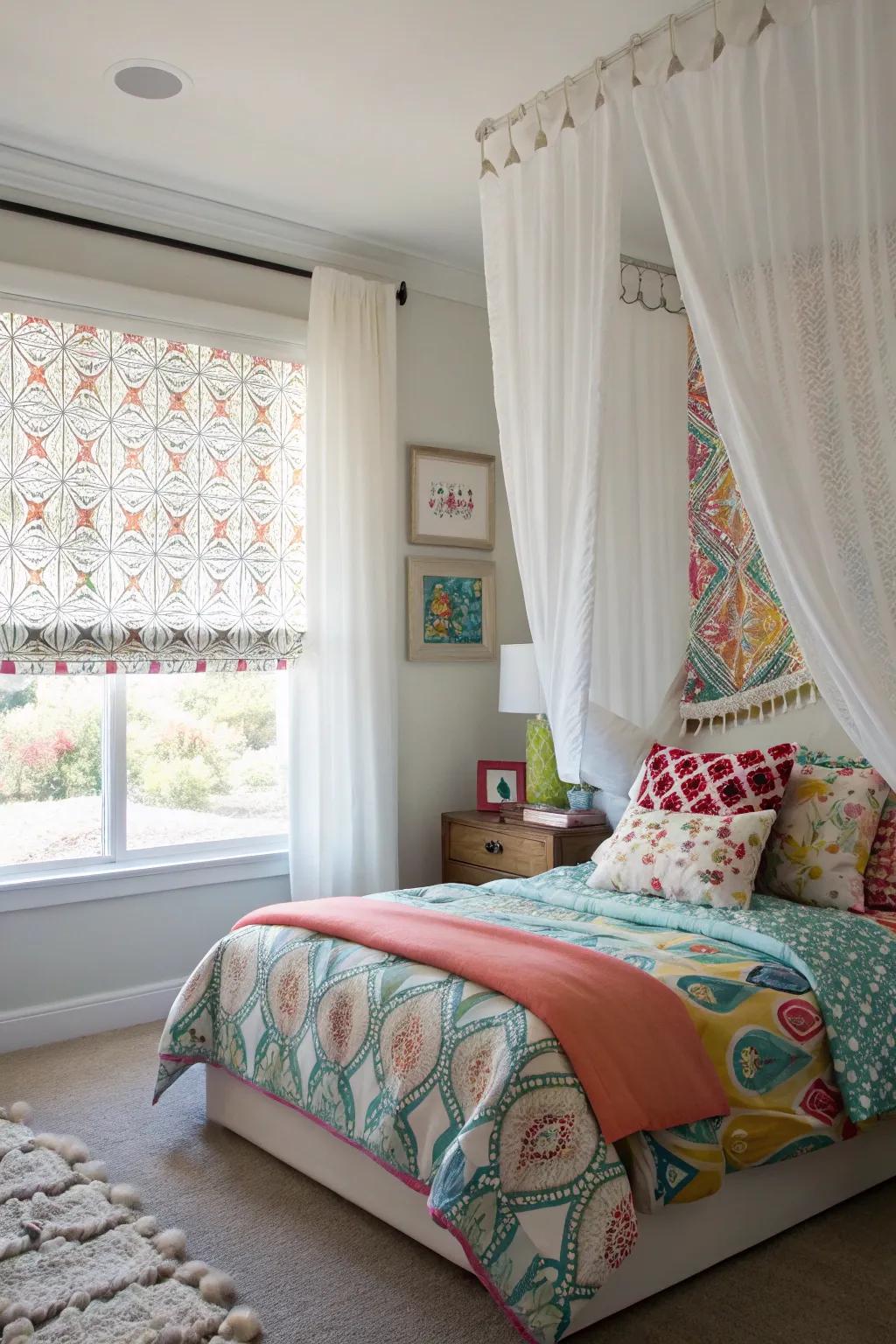 Layering pale drapes with designs adds a playful dimension to the bedroom.