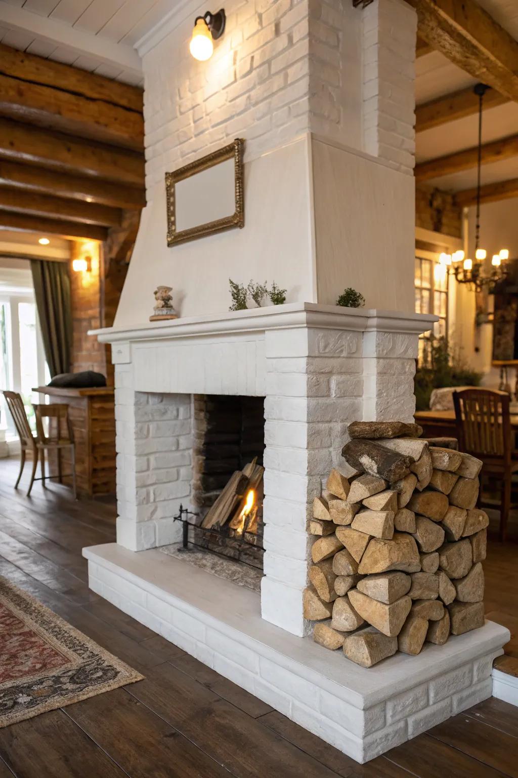 An ornamental timber display injects warmth into a white firebox.