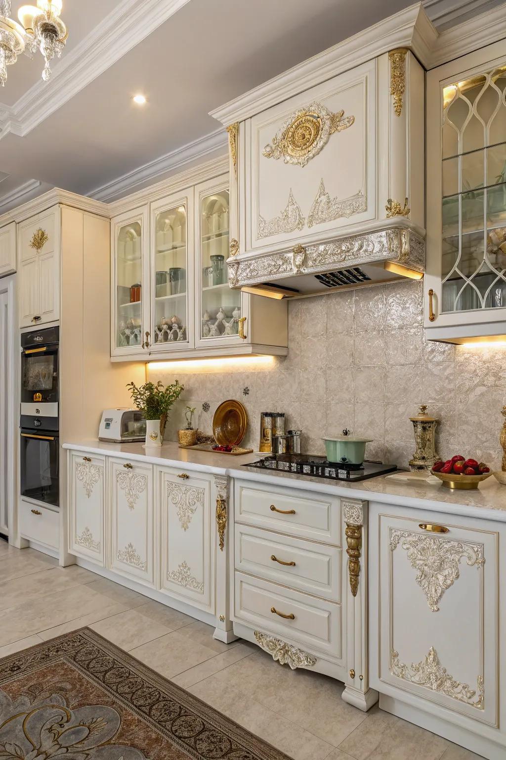 Elaborate detailing imparts a heritage touch to white cabinets.