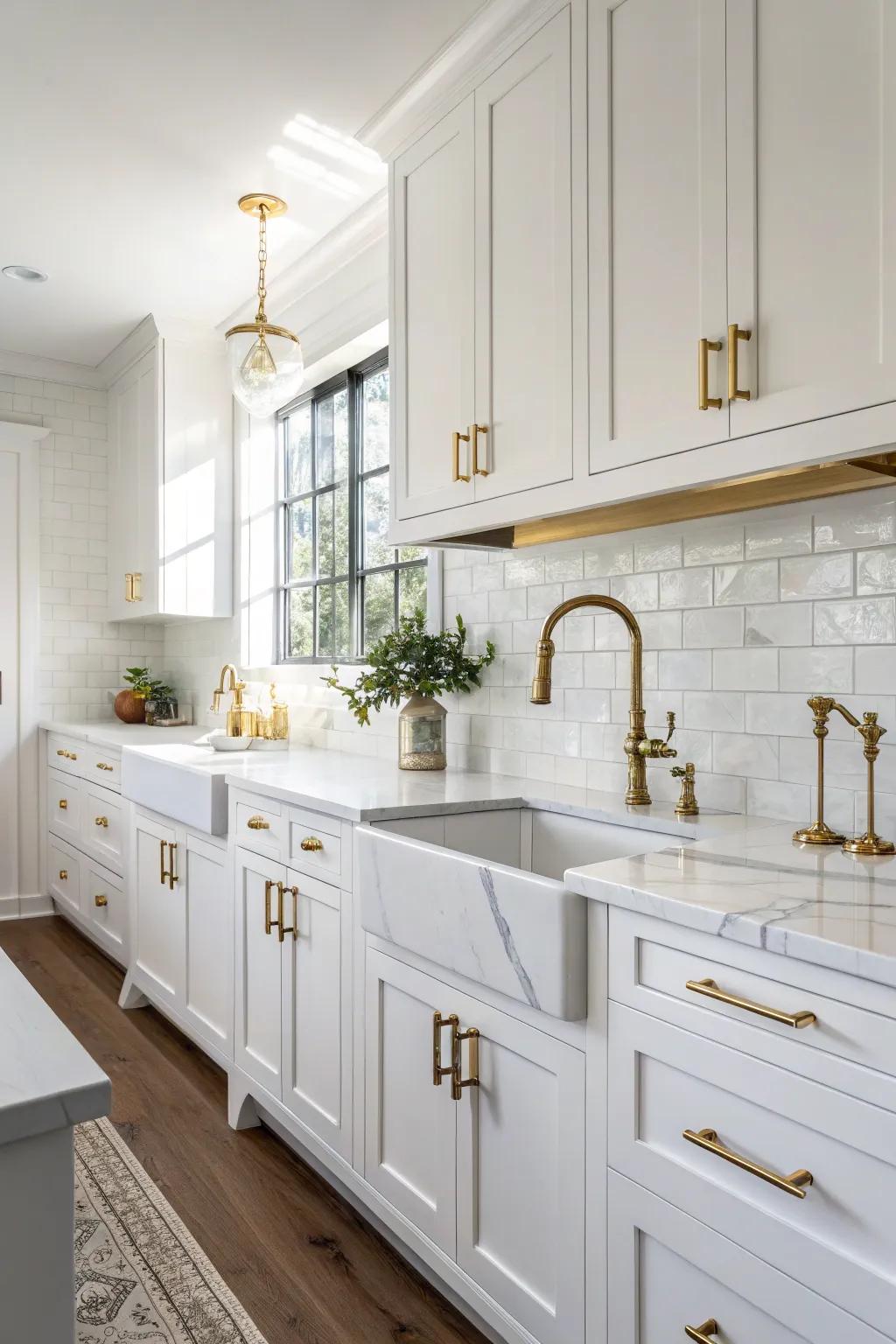 Golden hardware bestows a luxurious touch upon the pristine white kitchen.