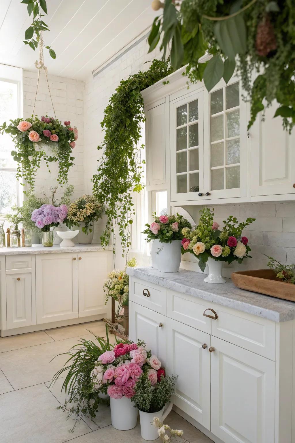 Greenery plus blossoms inject vitality and color to the white kitchen.