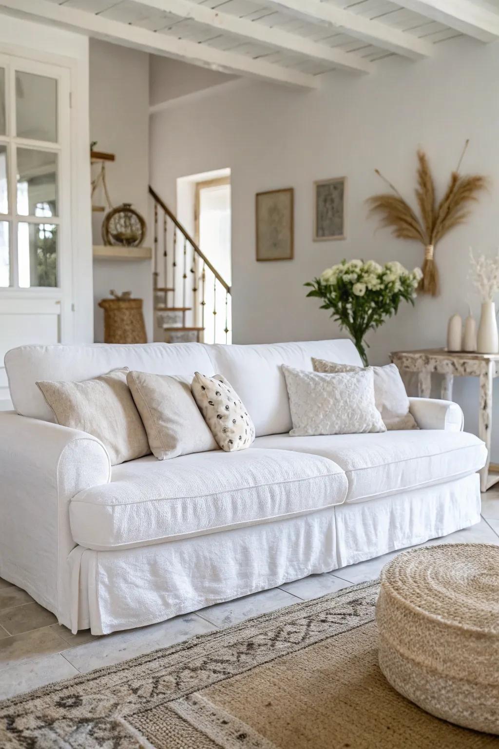 Soft textiles enhance comfort and luxury within a white room.