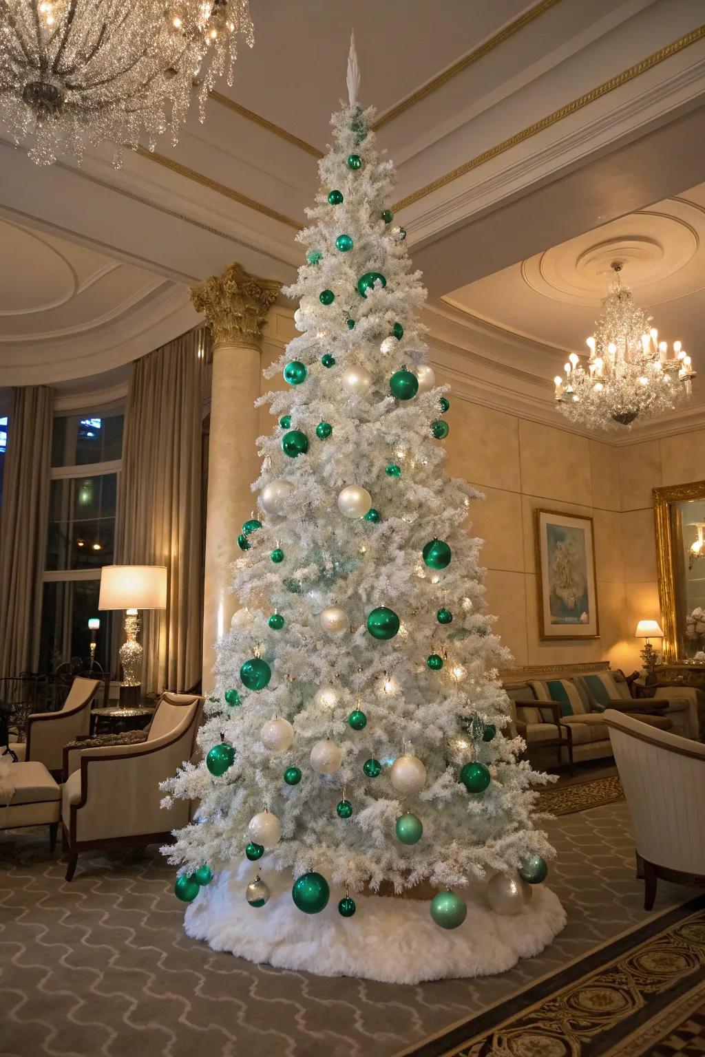 A verdant refinement-themed white pencil tree featuring green and white decorations.