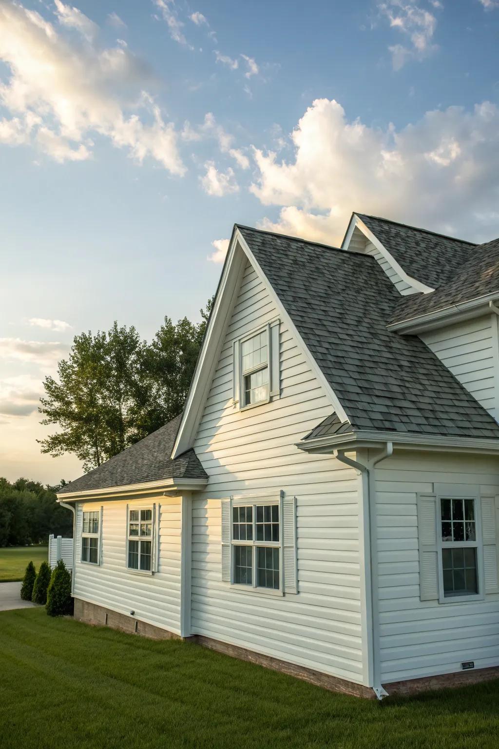 A house with white vinyl siding and charming peaks.