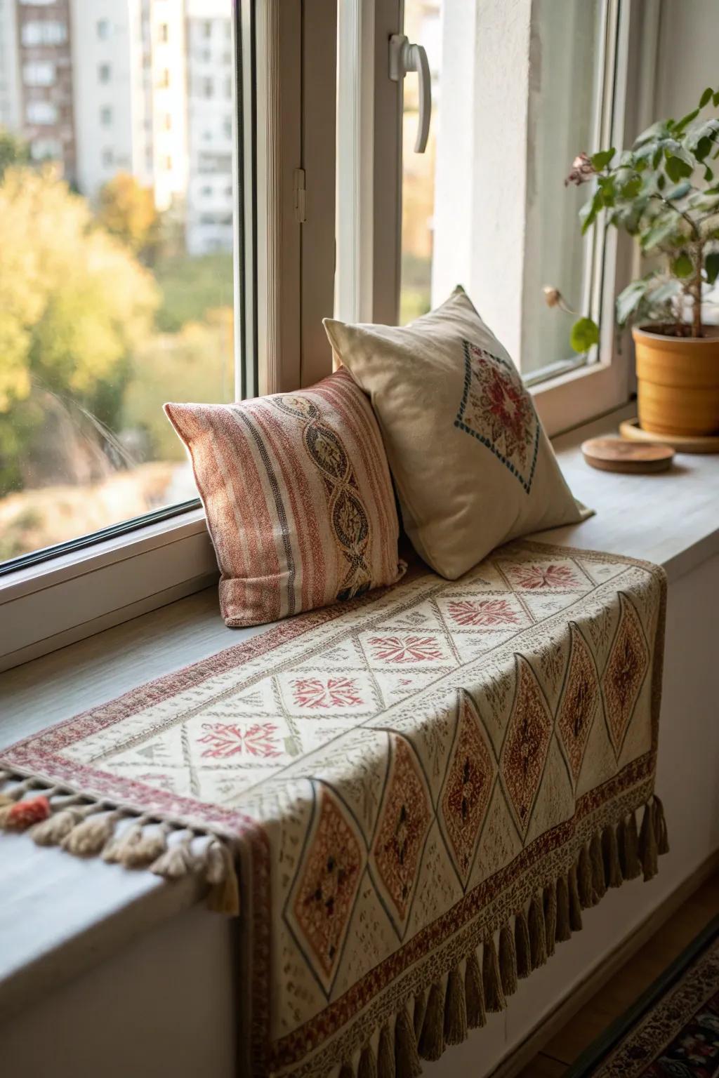 A window sill brought to life with textiles, adding warmth and texture.