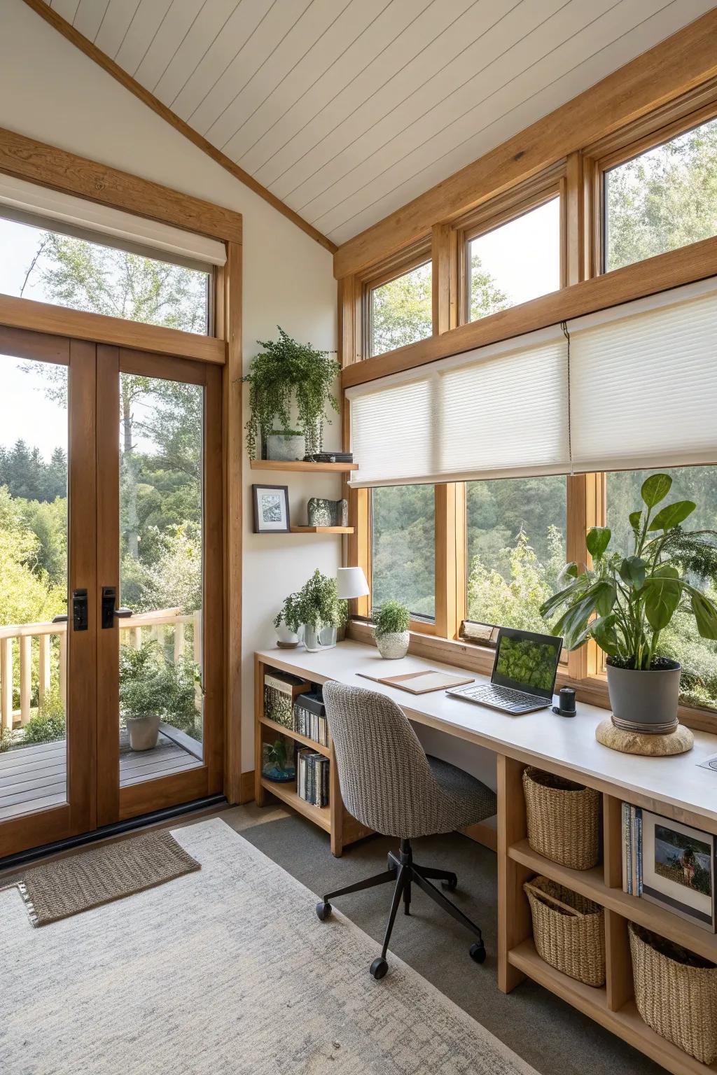 Honeycomb shades merge style with energy efficiency for casement windows.