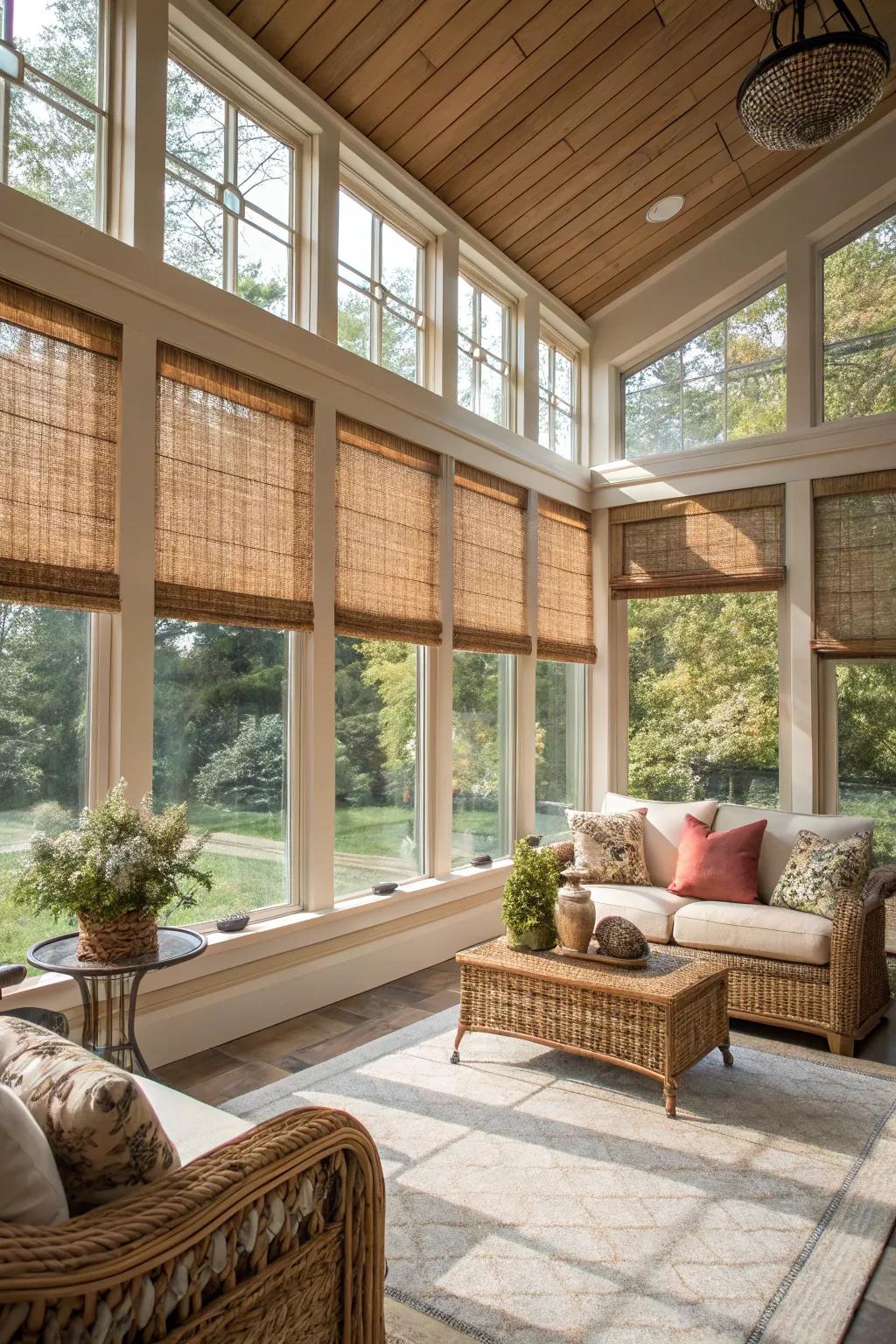 Braided timber awnings contribute texture and a rustic feel.