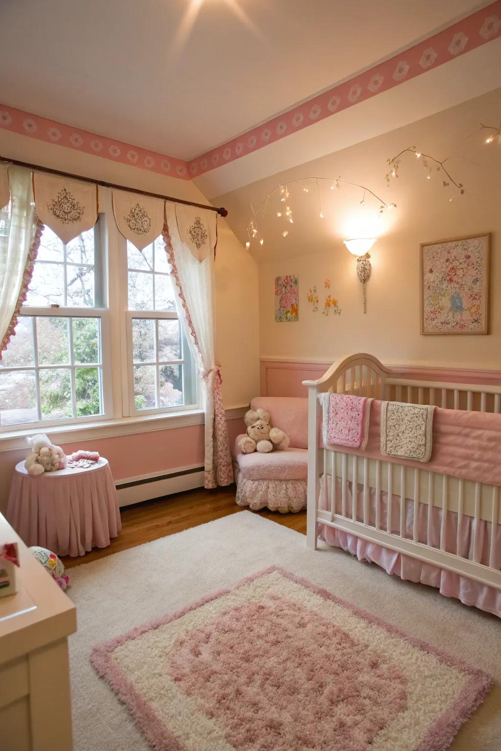 Delicate rose trim adds a loving feel to a nursery.