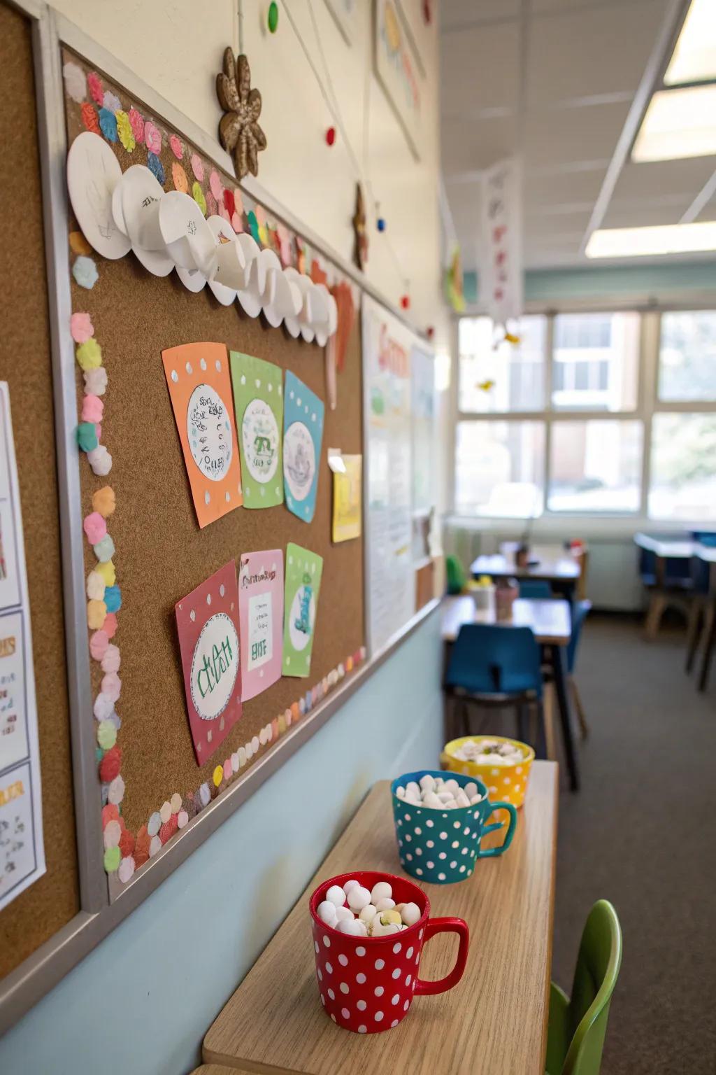 A hot cocoa theme infuses the winter bulletin board with warmth.