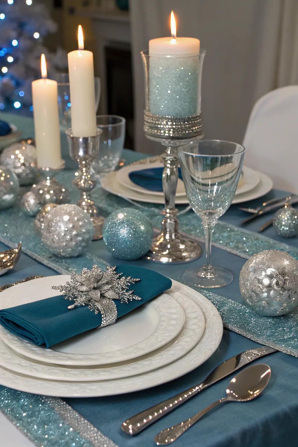 Sparkling table placements improve the wintry dreamland theme.