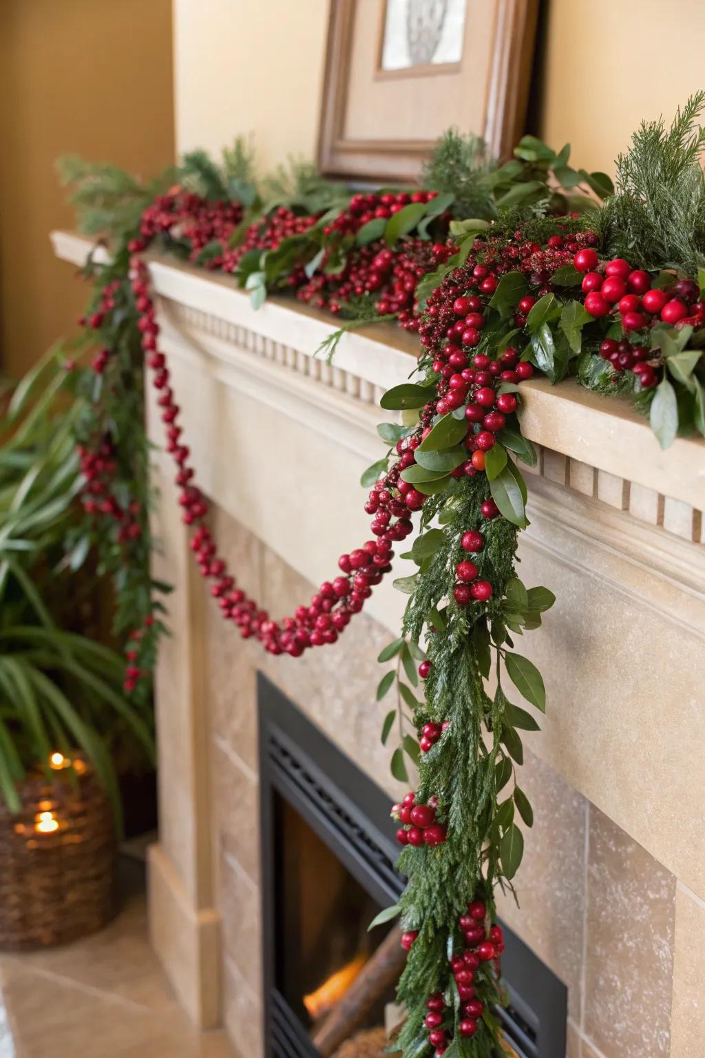 A red berry wreath adds a festive burst of color to the hearth.