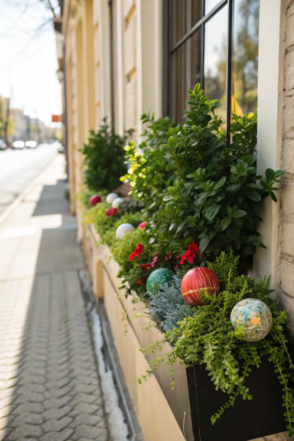 Decorative balls add a touch of whimsy to this festive window box.