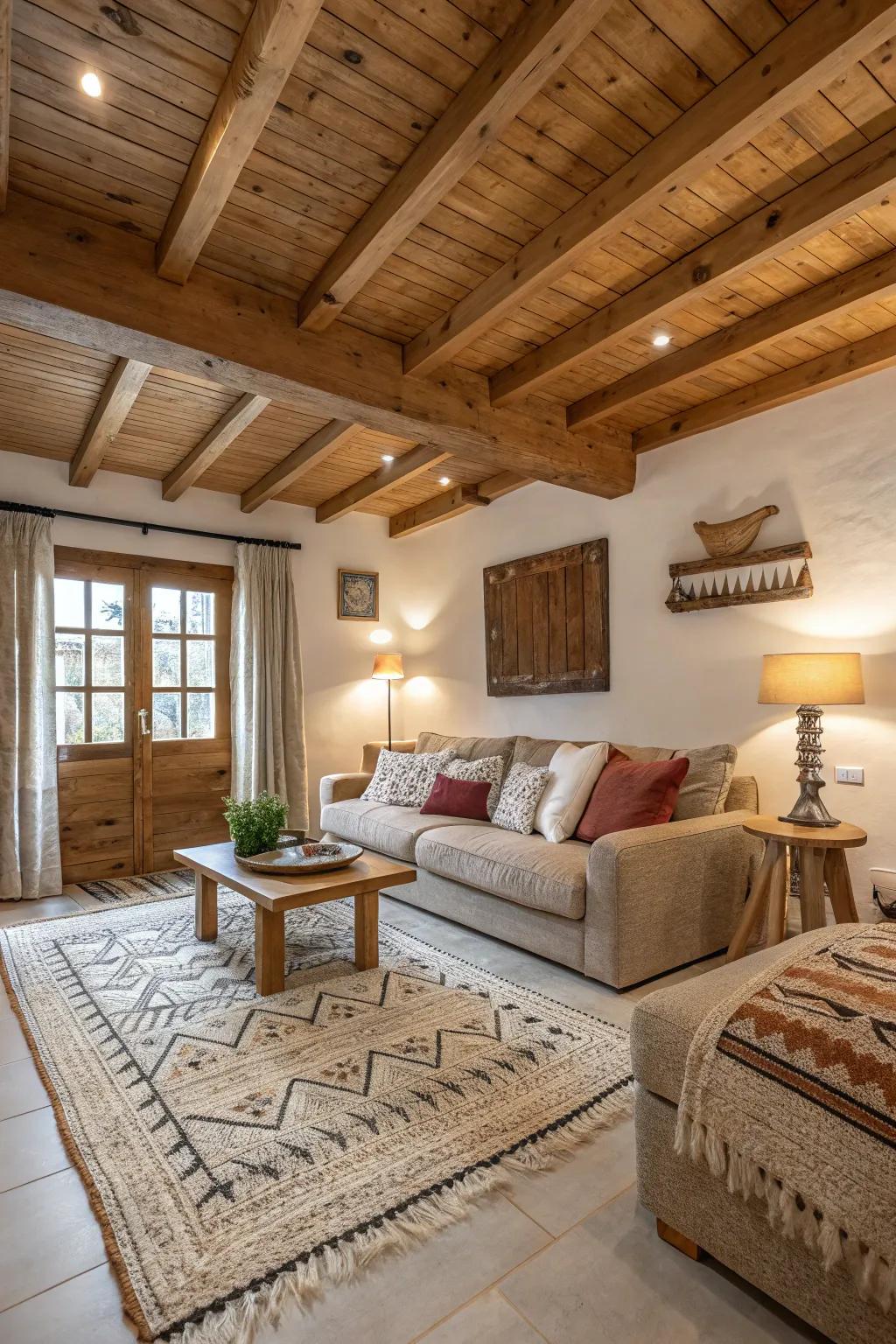 Textured elements lending comfort to a living area featuring wooden beams.
