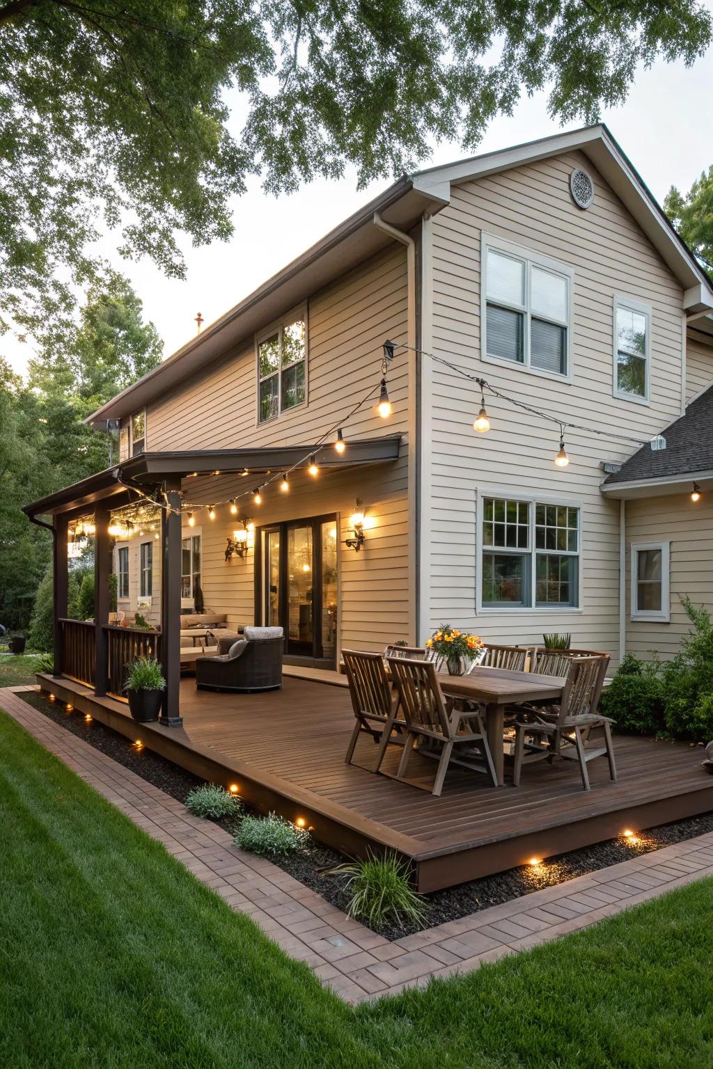 Chocolate brown decking adds a touch of luxury and timeless appeal to a tan house.