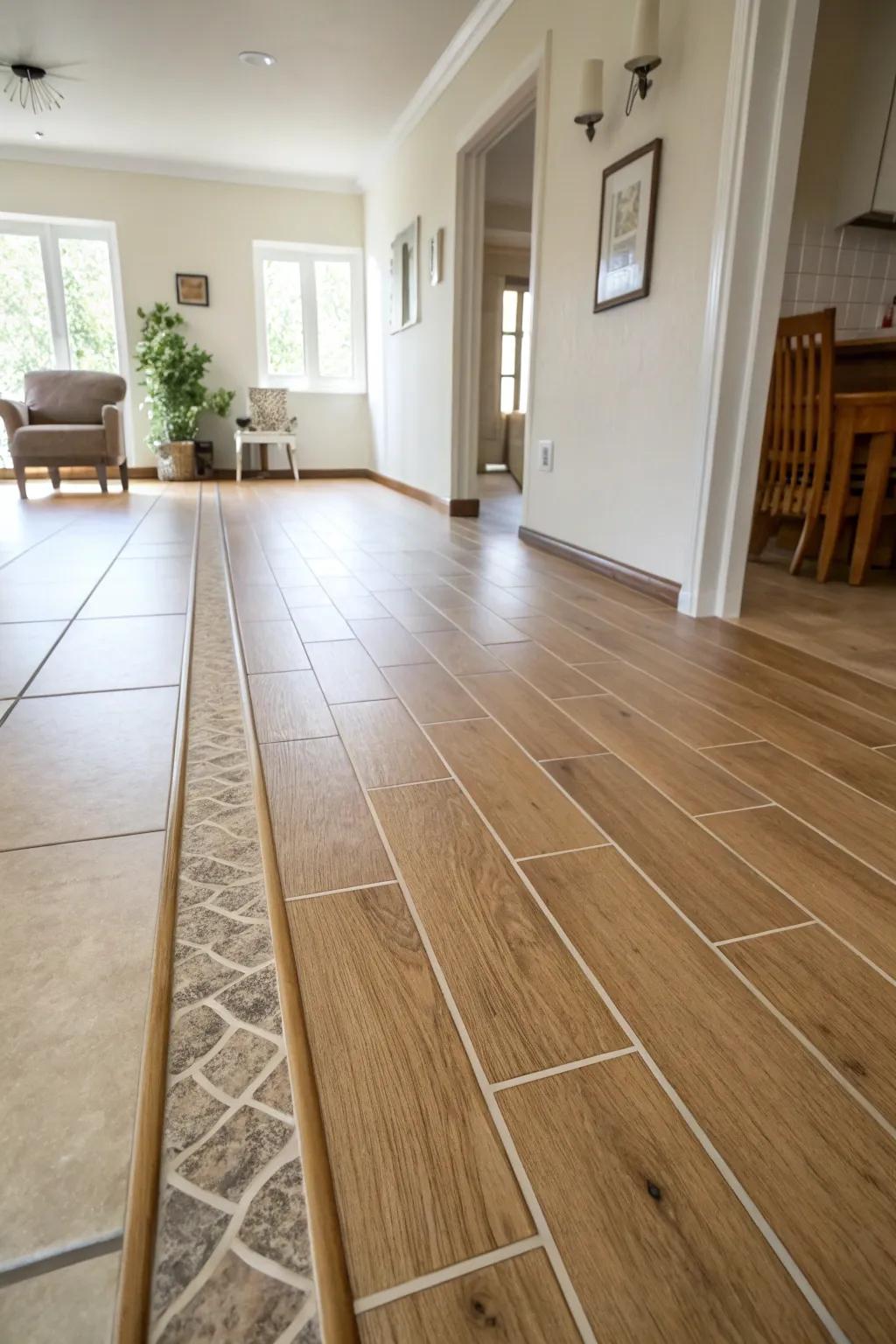 A minimalist interior showcases seamless grout line transitions from tile to wood flooring.