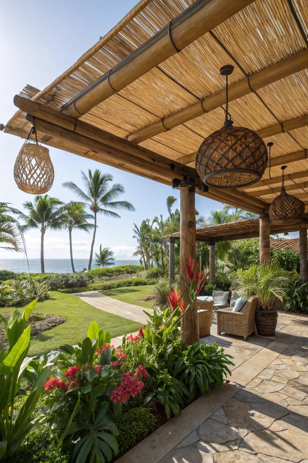 A tropical-inspired bamboo roof on a patio cover.