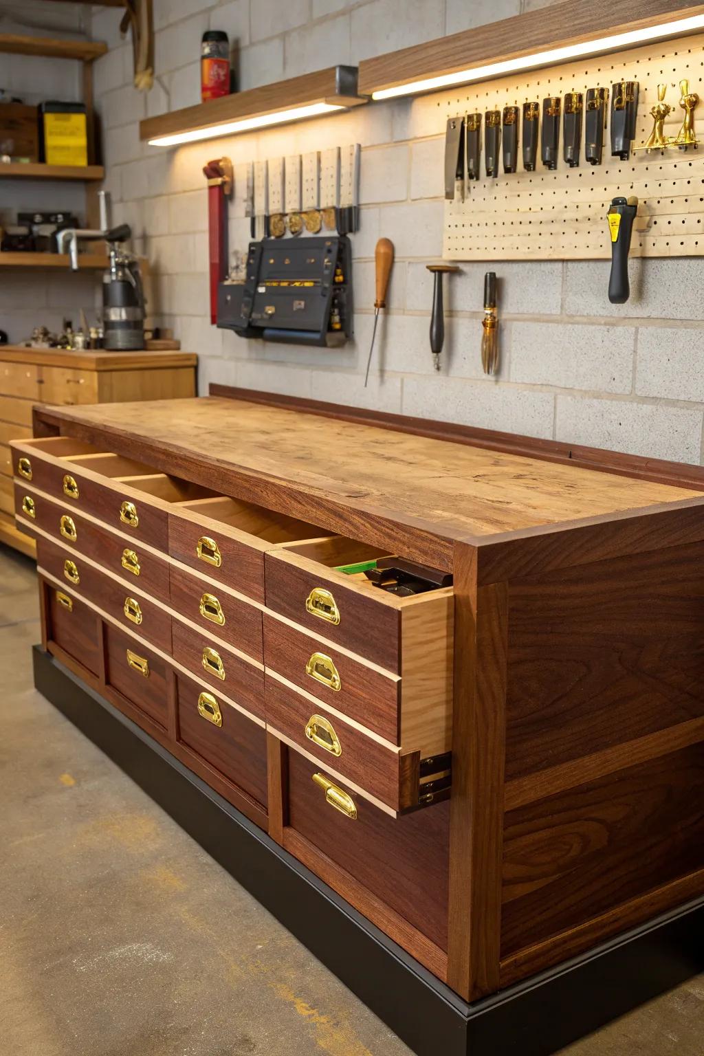 Maximize your workbench area with stylish beneath-bench holding containers&mdash;where elegance complements utility.