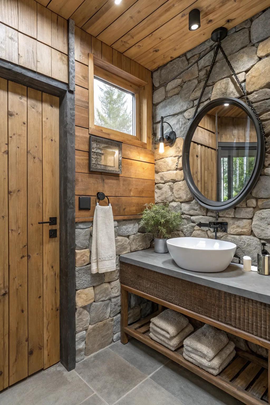 A strong mix of wood, stone, and metal in a stylish bathroom.