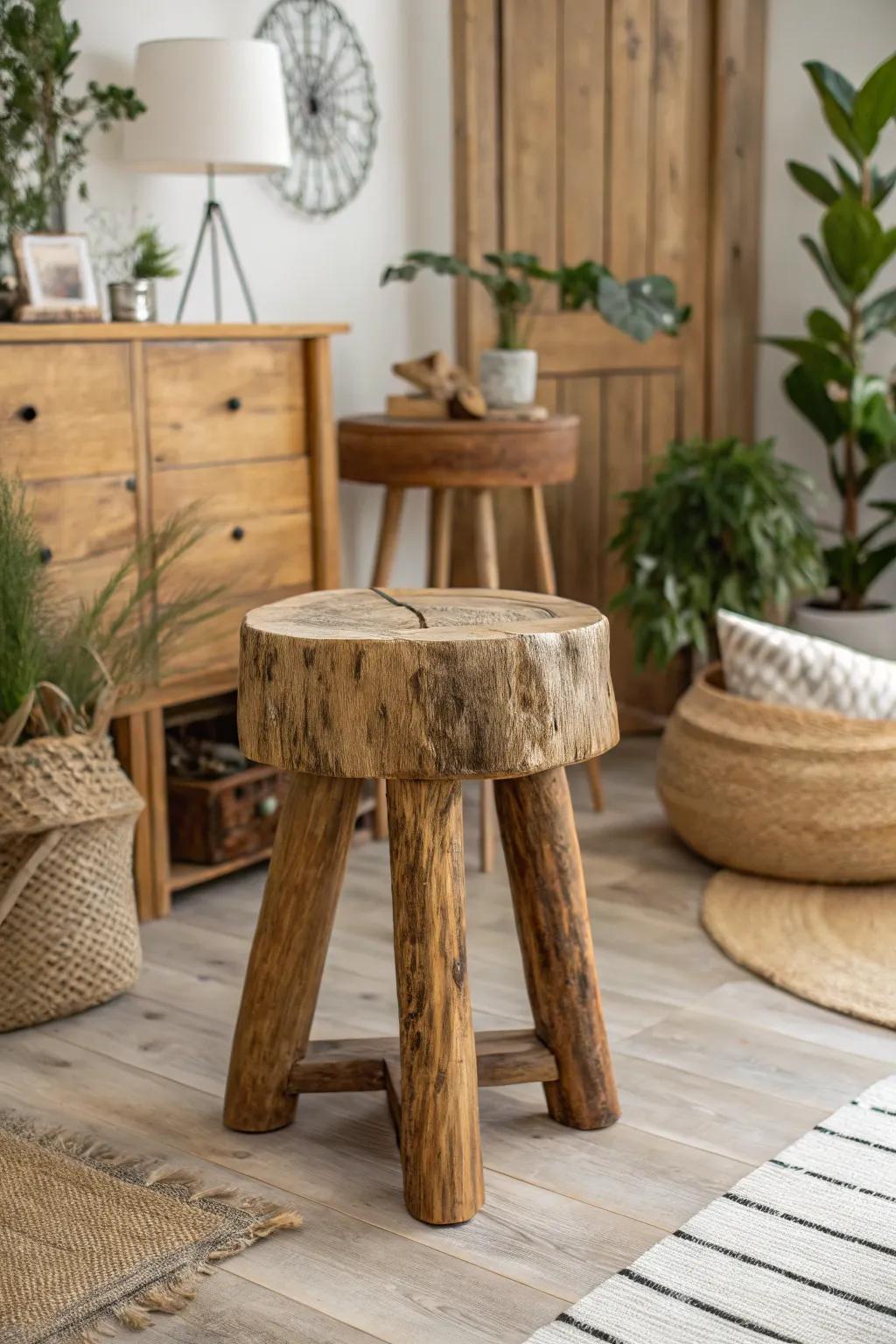 This raw wood stool displays inherent beauty.