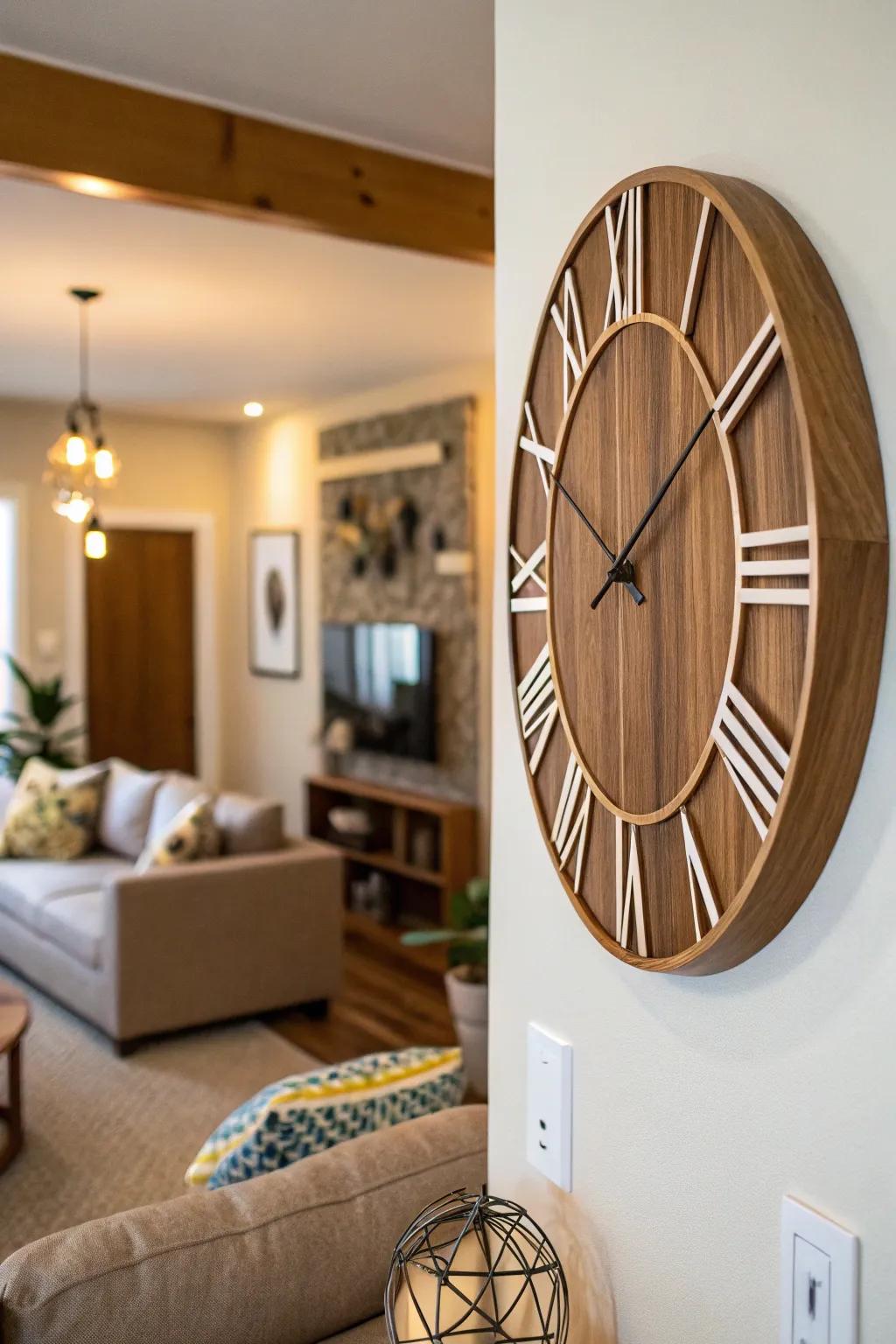 A wooden timepiece that combines utility with artistic design.