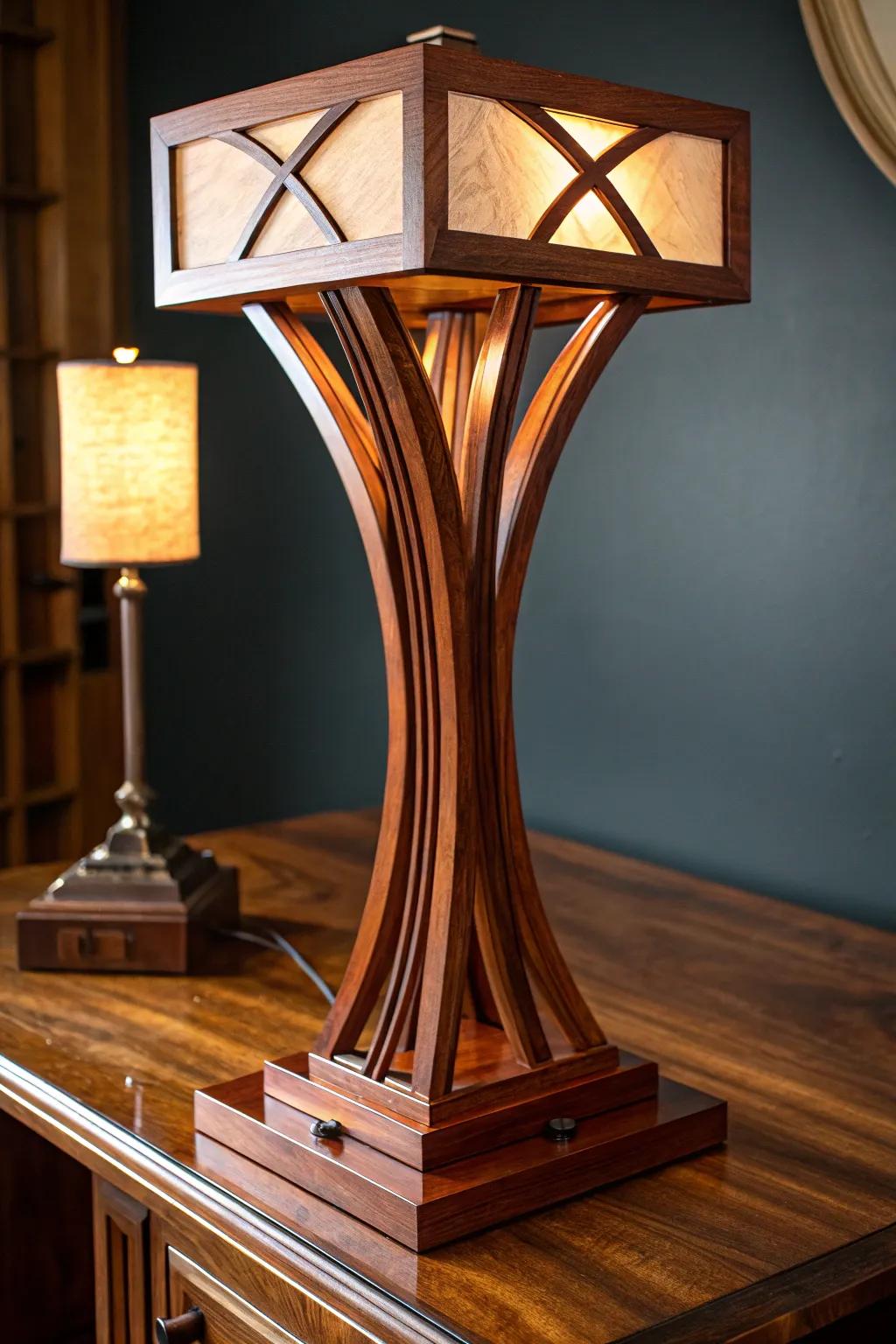 Illuminate your space with this stunning handcrafted wooden lamp, where functionality meets exquisite craftsmanship.