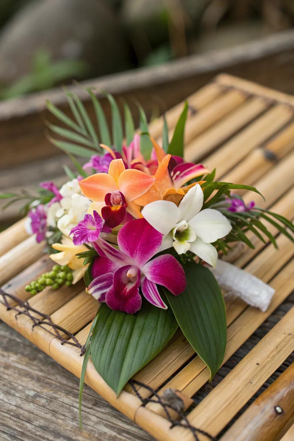 Animated tropical wrist adornment featuring exotic blooms and hibiscus.