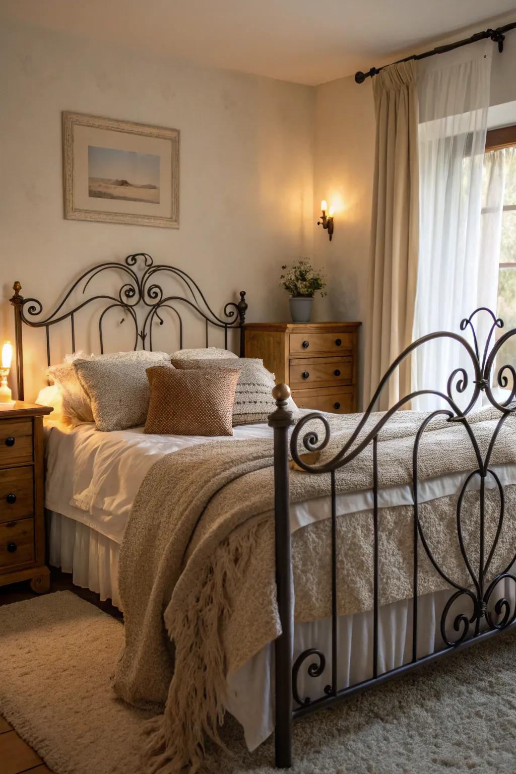A forged iron bed frame enriches your bedroom with a hint of romance.