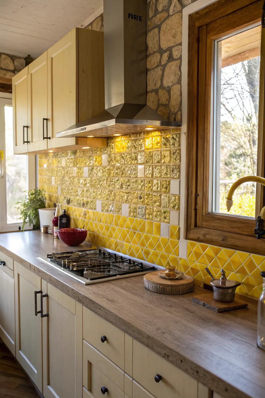 Mosaic squares in shades of goldenrod add dimension and texture.