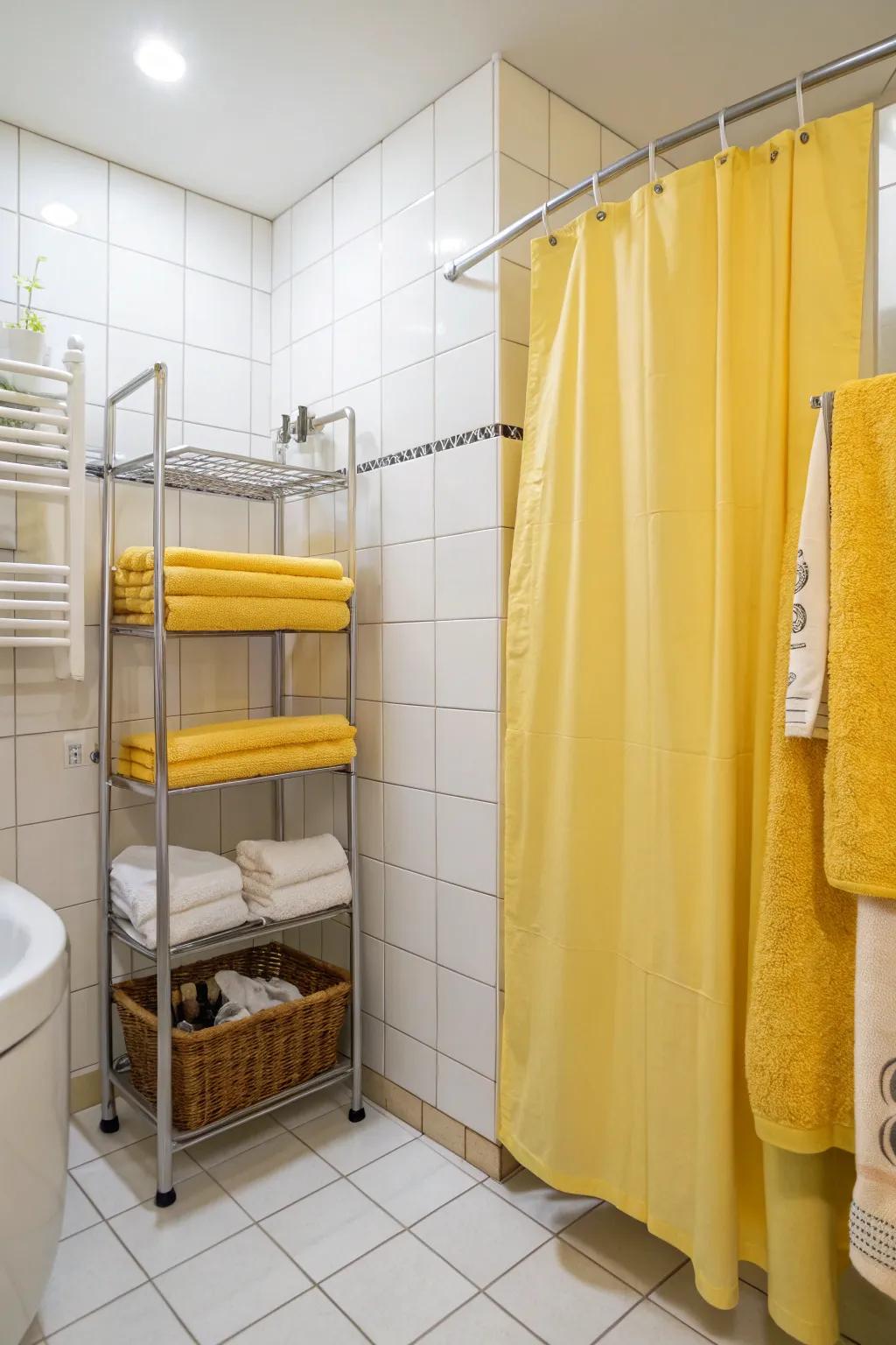 A refreshing washroom featuring yellow accents.