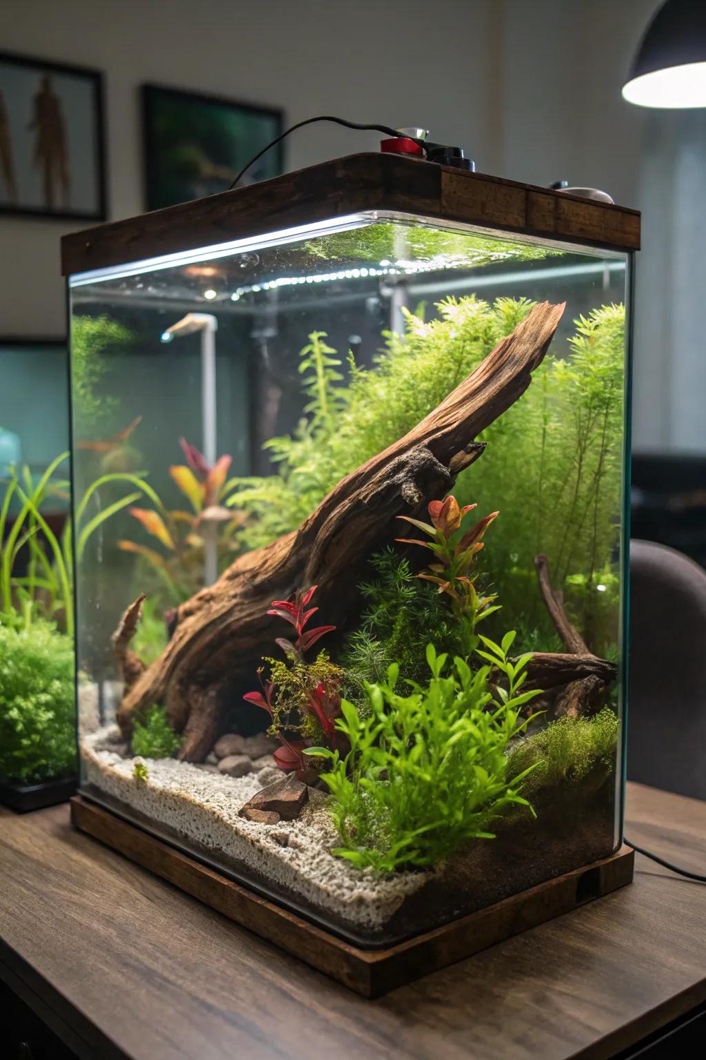 Elevate your tank with the down-to-earth appeal of aged wood.