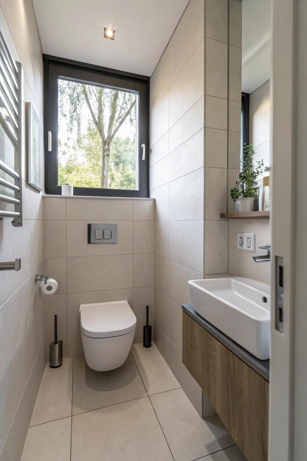 Minimalist design offers a serene retreat in this half bath.