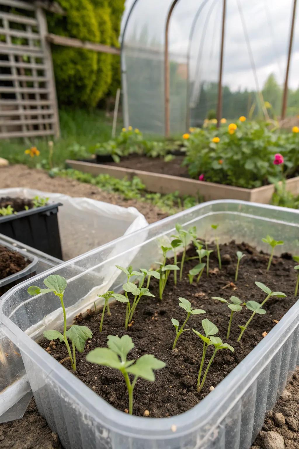 A plastic container greenhouse is nurturing young seedlings.