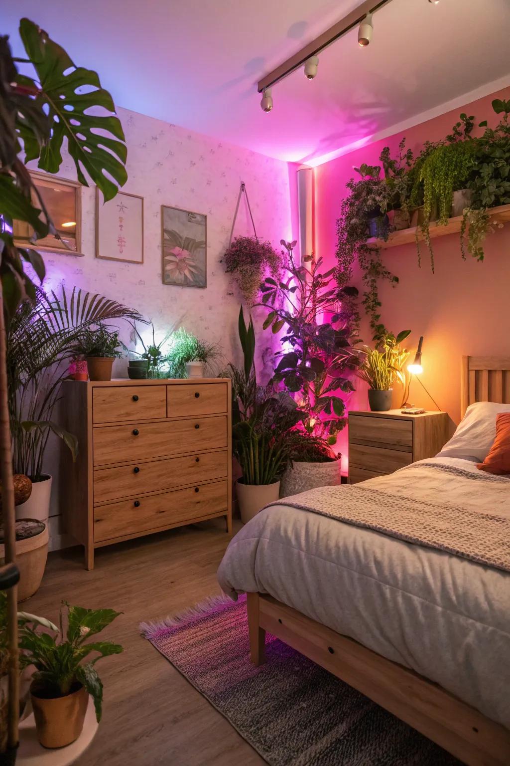 Vibrant plants illuminated by LED lights add life to the room.