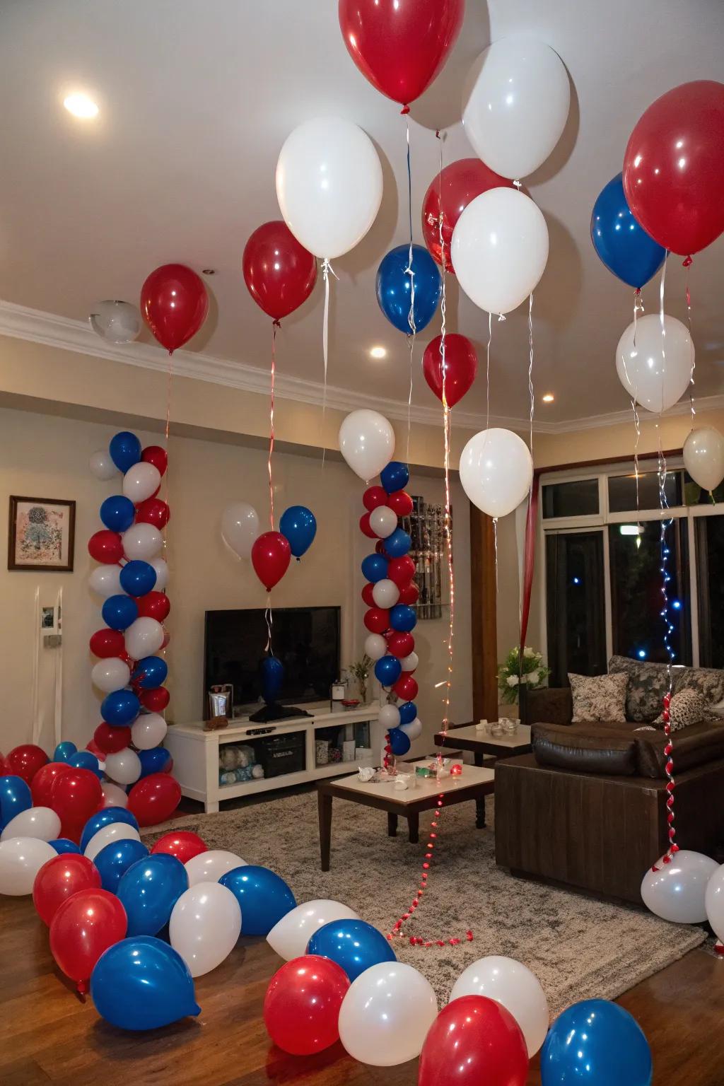 Spheres in patriotic pigments convey celebratory elation to any space.