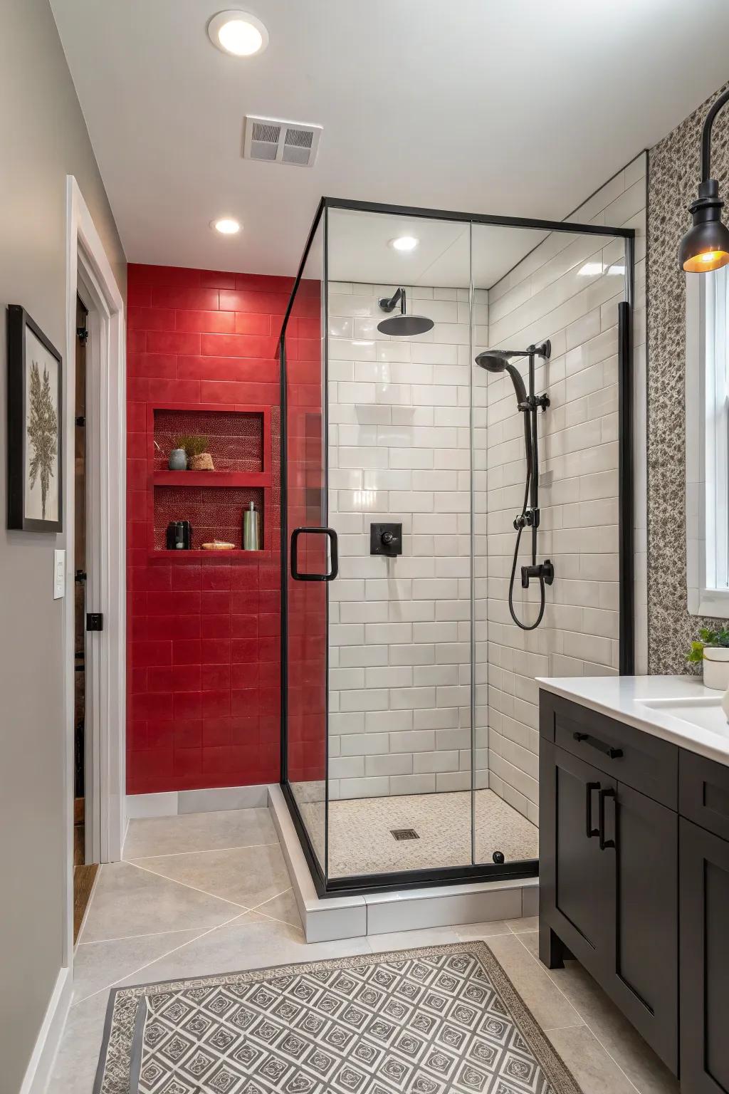 Accent walls inject color and character into compact showers.