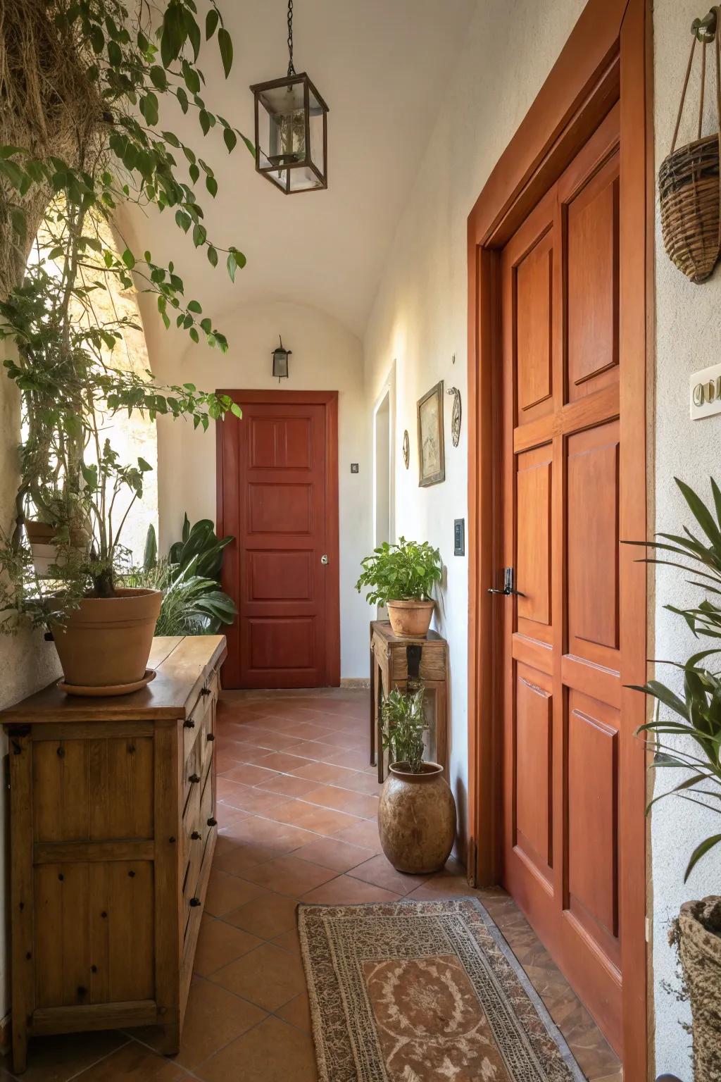 A terracotta 6-panel door imparts an earthy touch to this hallway.